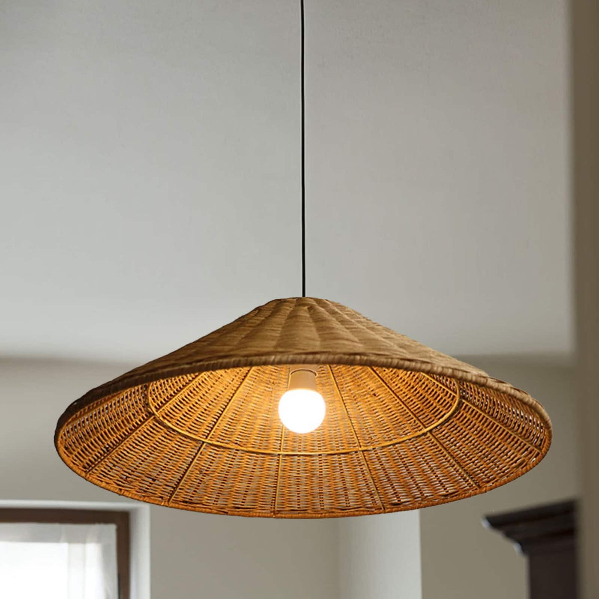 Rattan Pendant Lamp Bohemian with Woven Cone Shade