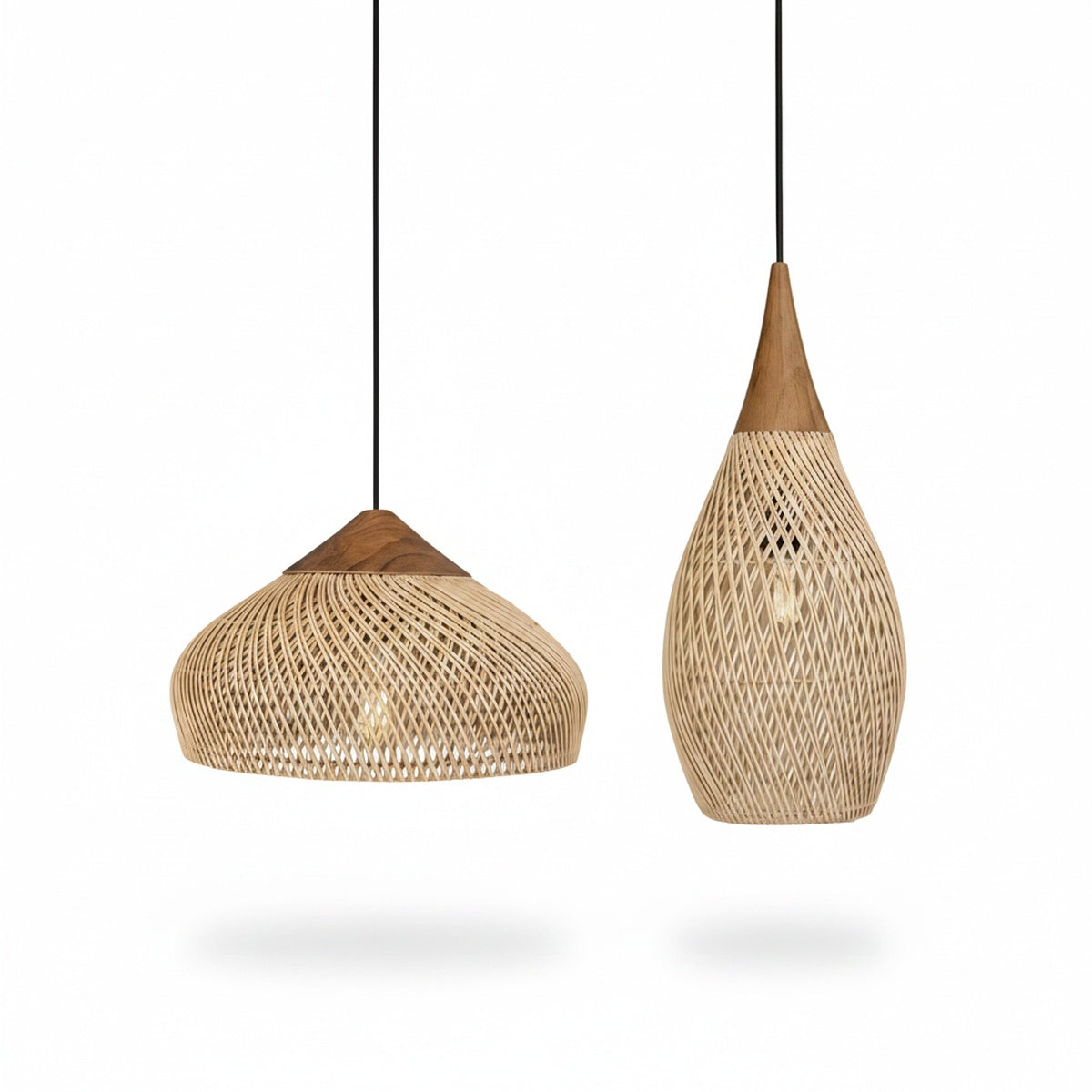 Rattan Pendant Light Bohemian Woven Shade with Wood Top
