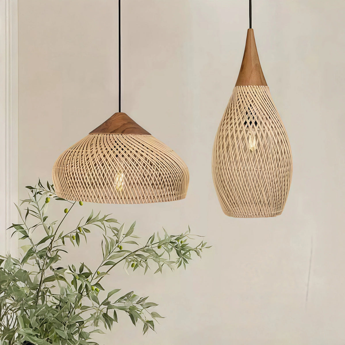 Rattan Pendant Light Bohemian Woven Shade with Wood Top