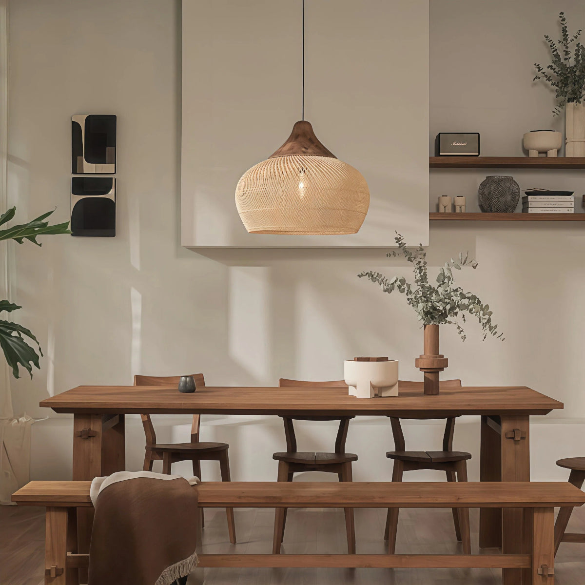 Rattan Pendant Light Bohemian Woven Shade with Wood Top