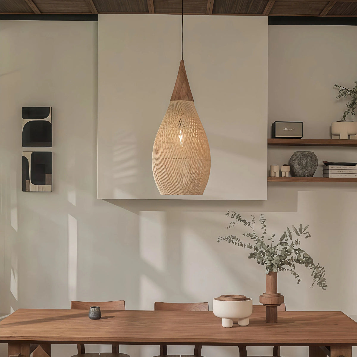 Rattan Pendant Light Bohemian Woven Shade with Wood Top