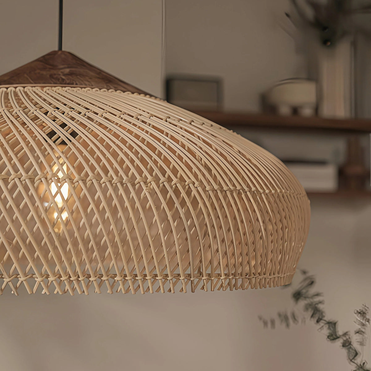 Rattan Pendant Light Bohemian Woven Shade with Wood Top