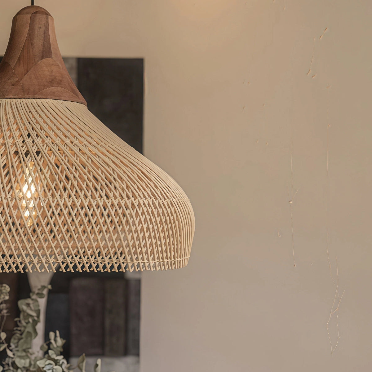 Rattan Pendant Light Bohemian Woven Shade with Wood Top