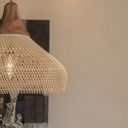 Rattan Pendant Light Bohemian Woven Shade with Wood Top