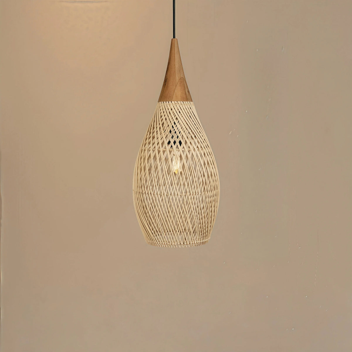 Rattan Pendant Light Bohemian Woven Shade with Wood Top