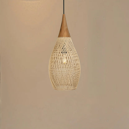 Rattan Pendant Light Bohemian Woven Shade with Wood Top