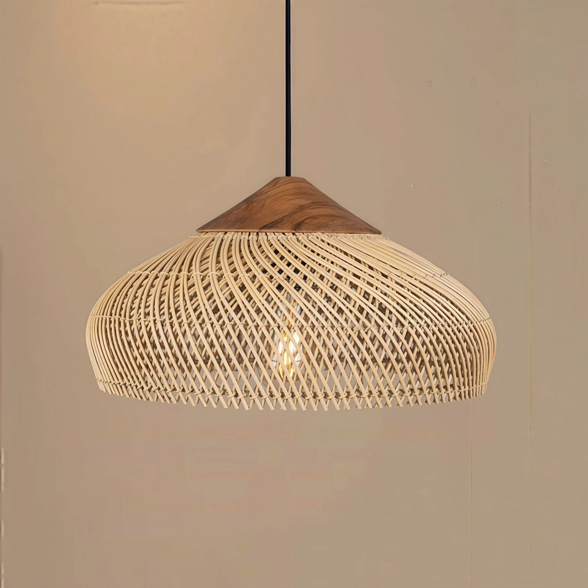 Rattan Pendant Light Bohemian Woven Shade with Wood Top