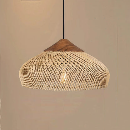 Rattan Pendant Light Bohemian Woven Shade with Wood Top