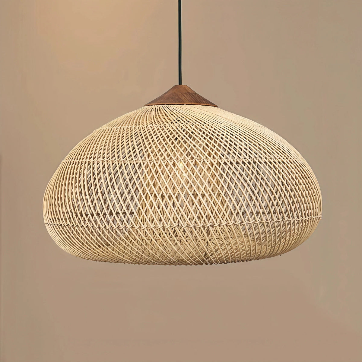 Rattan Pendant Light Bohemian Woven Shade with Wood Top
