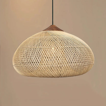 Rattan Pendant Light Bohemian Woven Shade with Wood Top