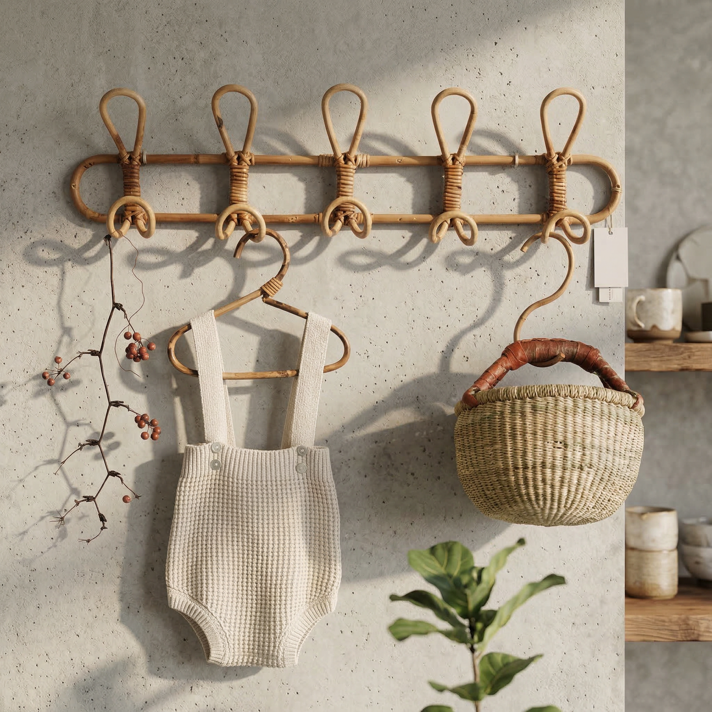Rattan Wall Hook Rack Bohemian with Loop Hooks for Hallway and Bedroom
