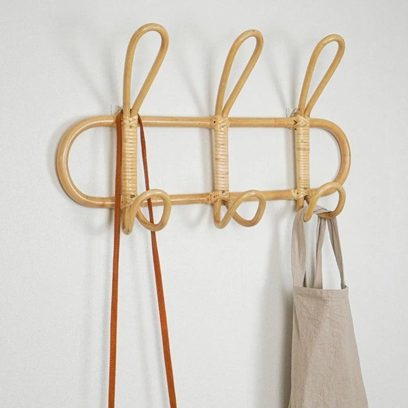 Rattan Wall Hook Rack Bohemian with Loop Hooks for Hallway and Bedroom