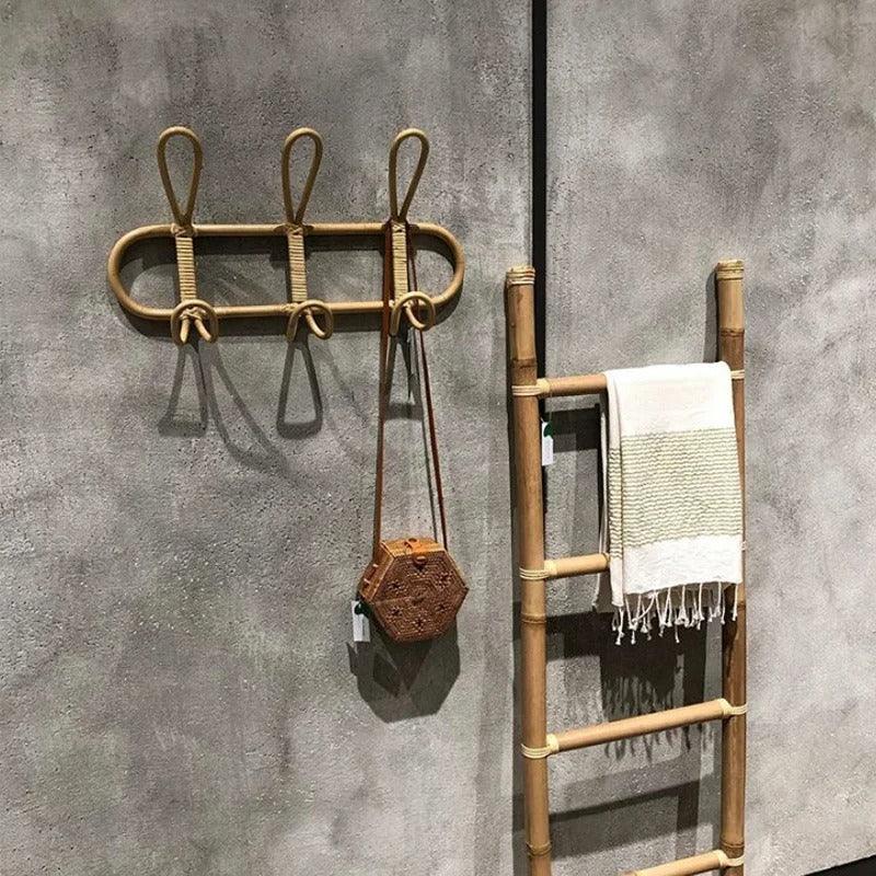 Rattan Wall Hook Rack Bohemian with Loop Hooks for Hallway and Bedroom