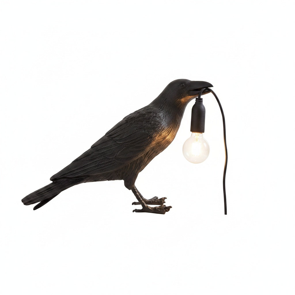 Raven Crow Table Lamp Art Deco Sculpture with Bulb-in-Beak Design