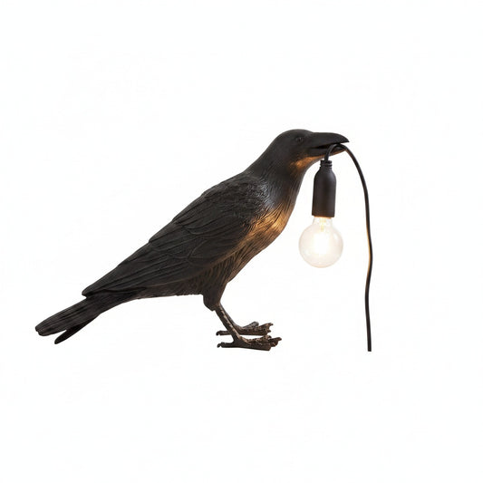Raven Crow Table Lamp Art Deco Sculpture with Bulb-in-Beak Design