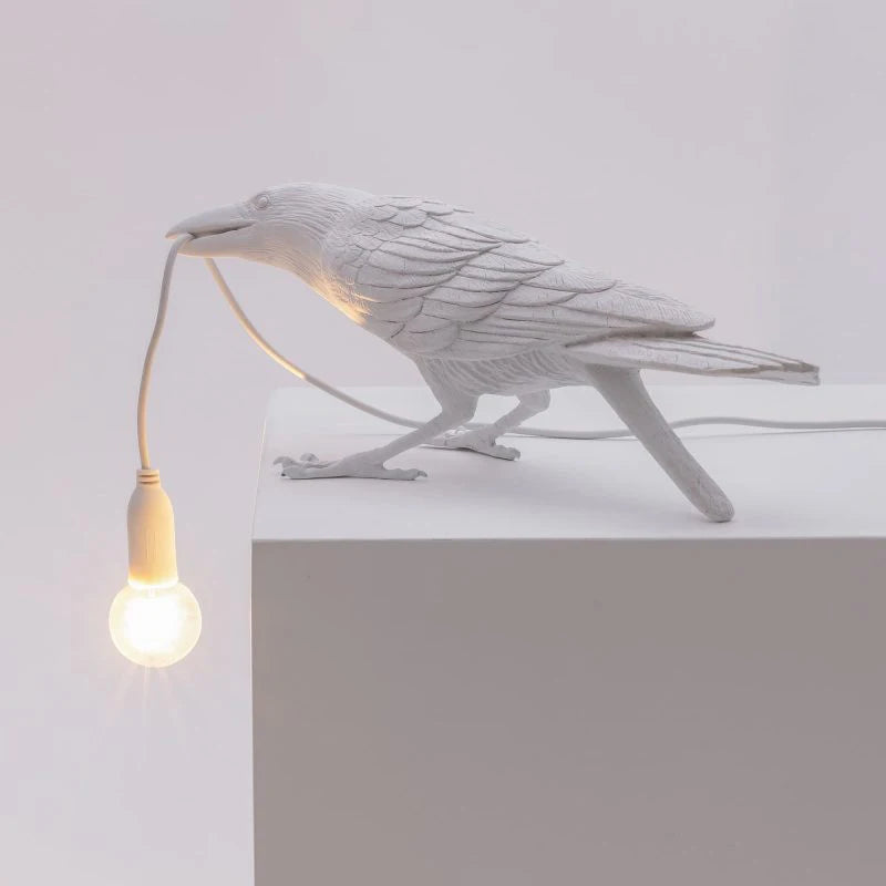 Raven Crow Table Lamp Art Deco Sculpture with Bulb-in-Beak Design
