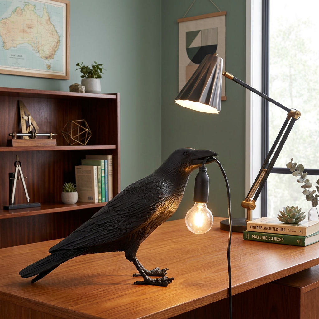 Raven Crow Table Lamp Art Deco Sculpture with Bulb-in-Beak Design