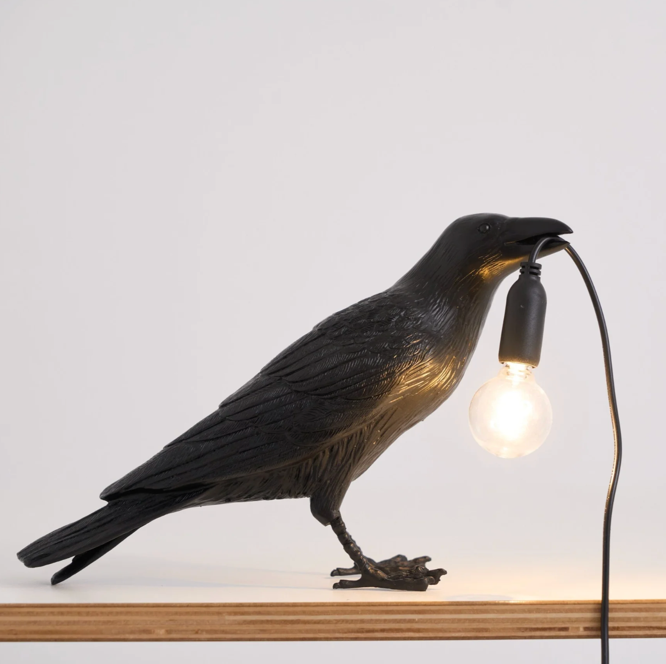 Raven Crow Table Lamp Art Deco Sculpture with Bulb-in-Beak Design