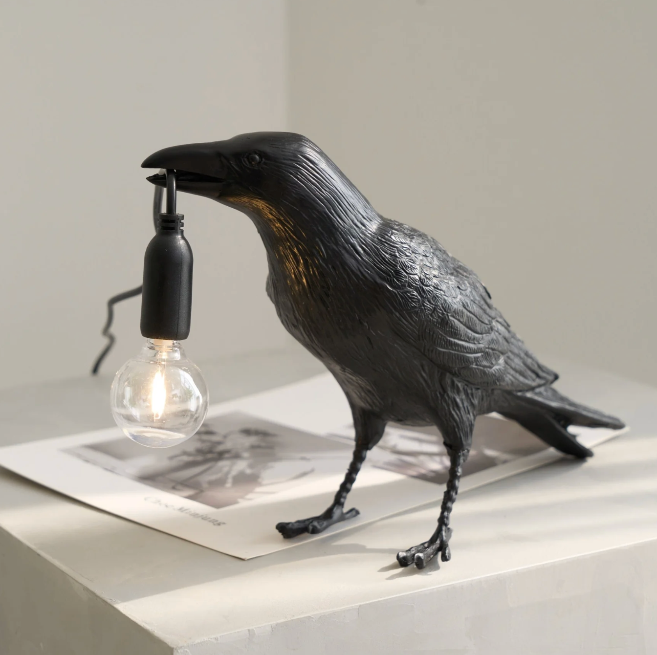 Raven Crow Table Lamp Art Deco Sculpture with Bulb-in-Beak Design