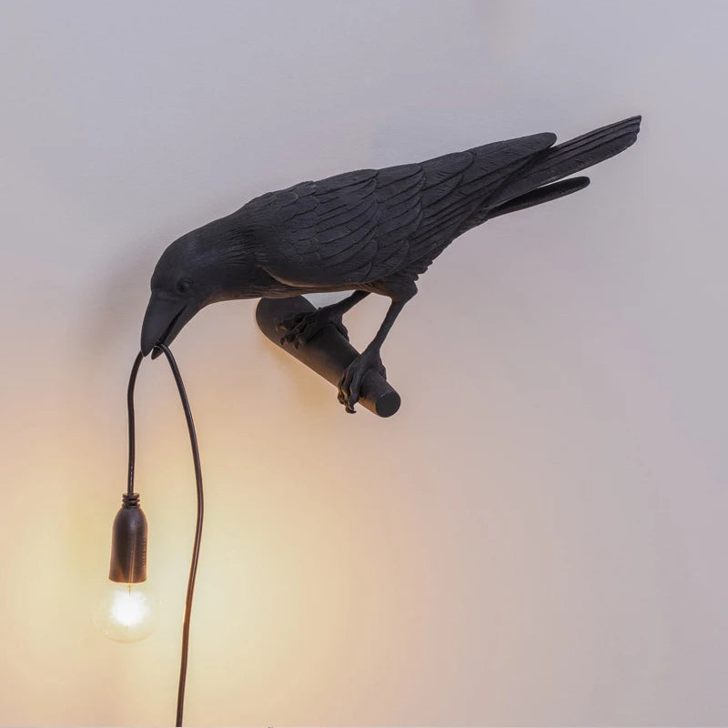 Raven Crow Table Lamp Art Deco Sculpture with Bulb-in-Beak Design