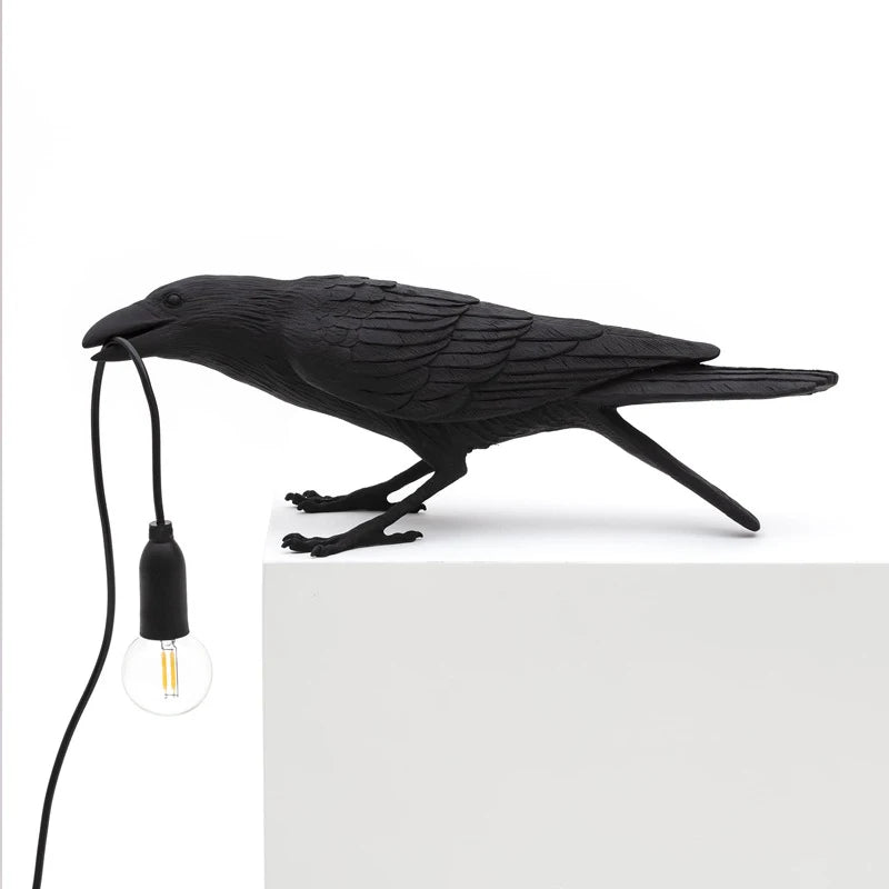 Raven Crow Table Lamp Art Deco Sculpture with Bulb-in-Beak Design