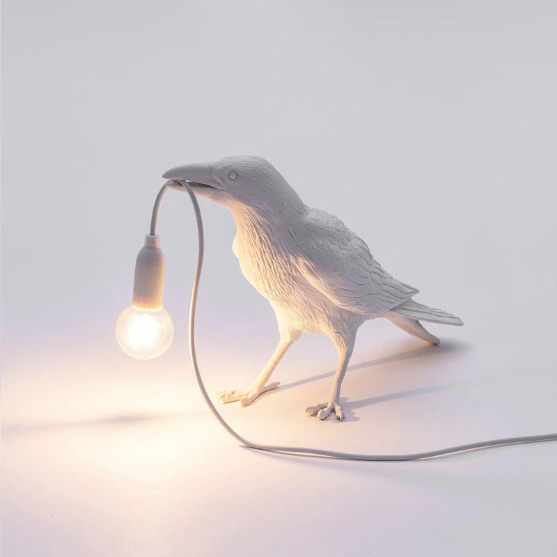 Raven Crow Table Lamp Art Deco Sculpture with Bulb-in-Beak Design