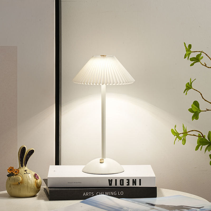 Rechargeable Table Lamp Vintage with Pleated Shade and Dome Base