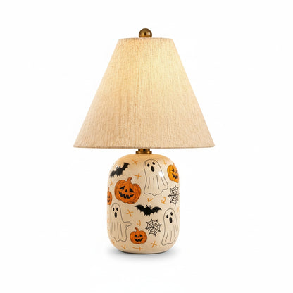 Retro Table Lamp with Patterned Ceramic Base and Linen Shade