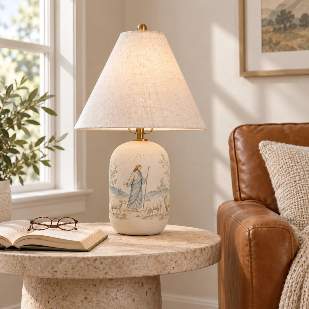 Retro Table Lamp with Patterned Ceramic Base and Linen Shade