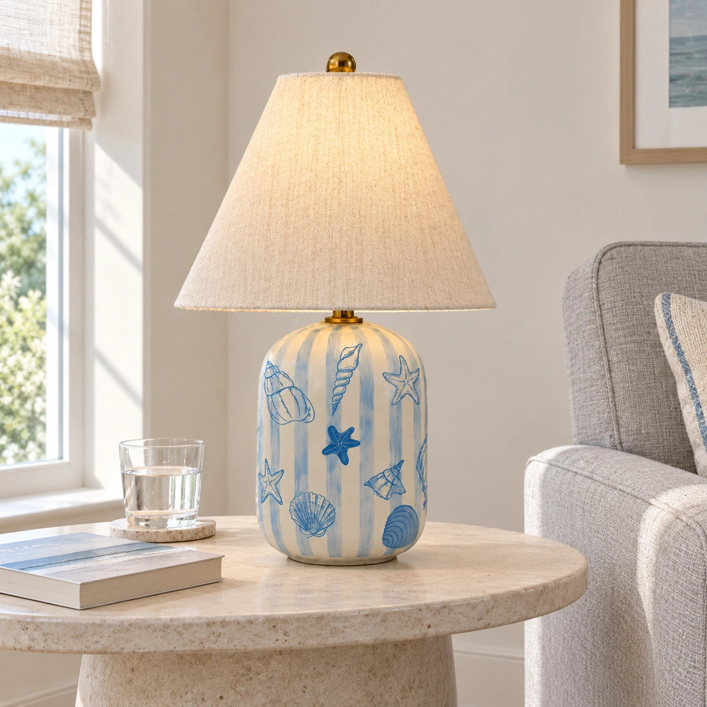 Retro Table Lamp with Patterned Ceramic Base and Linen Shade