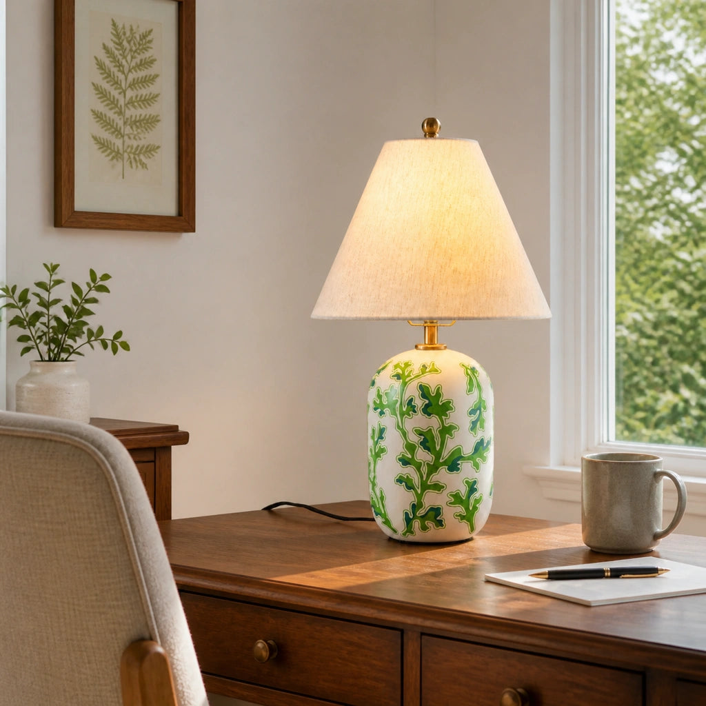 Retro Table Lamp with Patterned Ceramic Base and Linen Shade