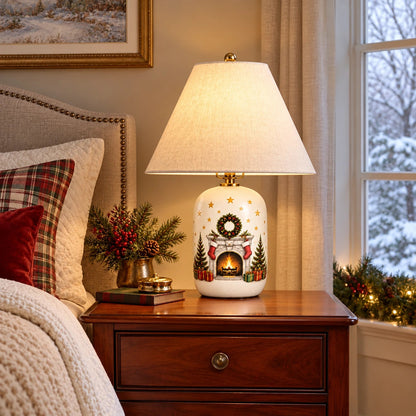Retro Table Lamp with Patterned Ceramic Base and Linen Shade