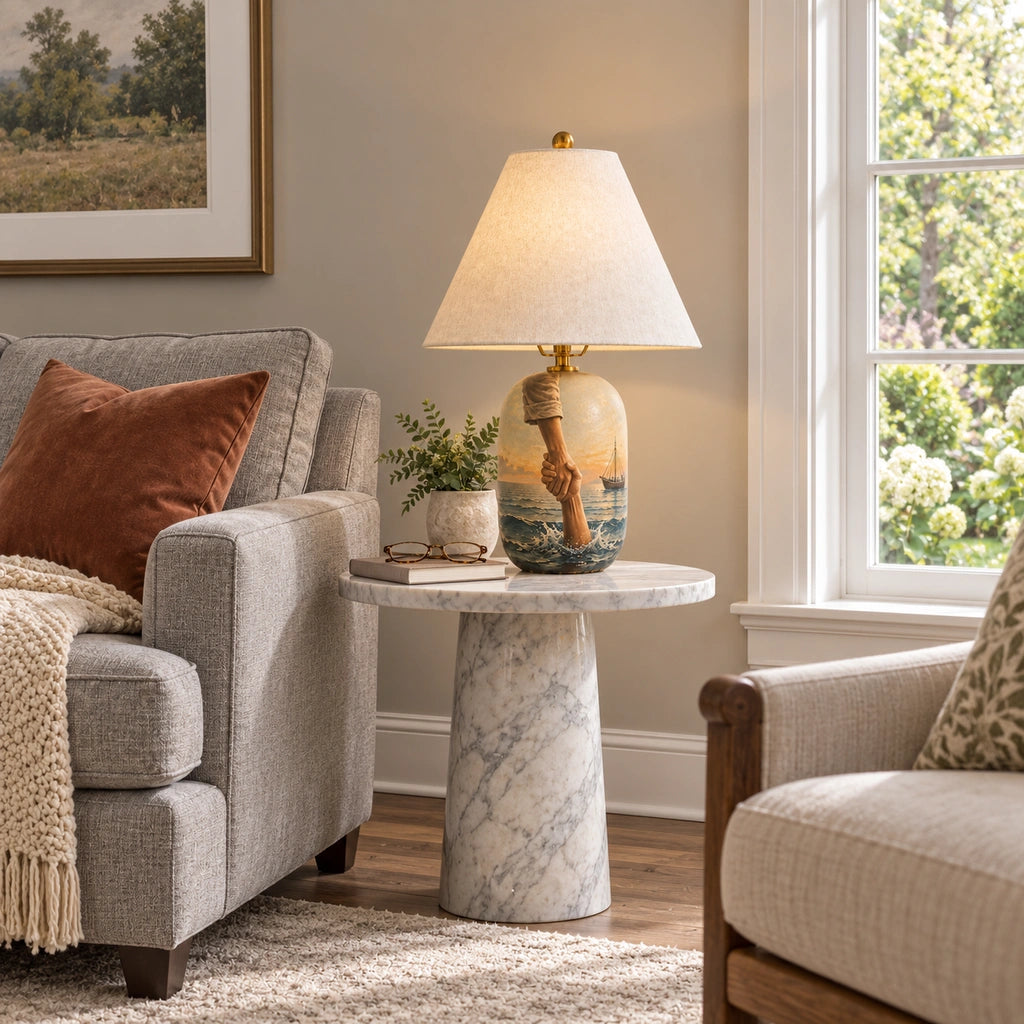 Retro Table Lamp with Patterned Ceramic Base and Linen Shade