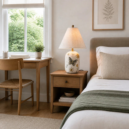 Retro Table Lamp with Patterned Ceramic Base and Linen Shade