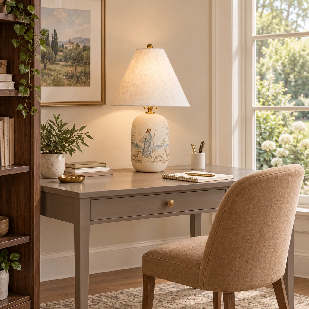 Retro Table Lamp with Patterned Ceramic Base and Linen Shade