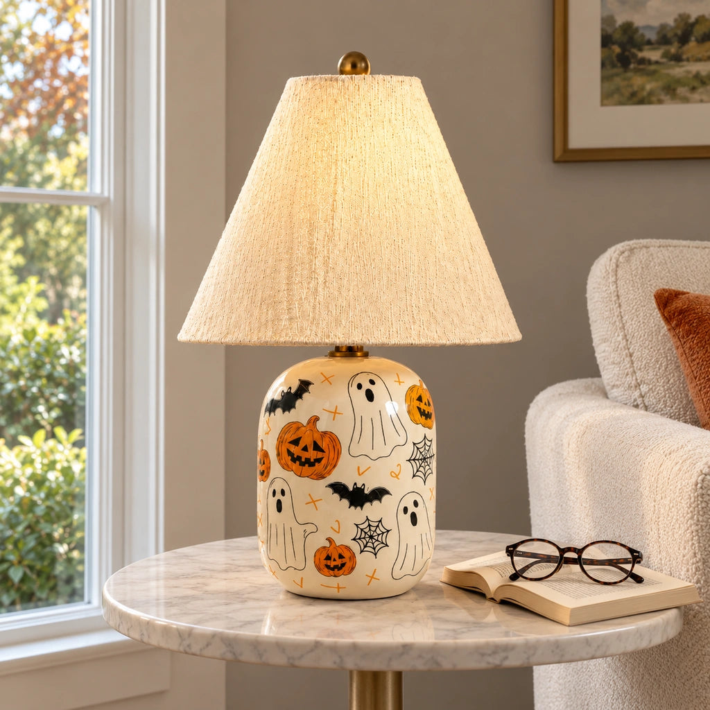 Retro Table Lamp with Patterned Ceramic Base and Linen Shade