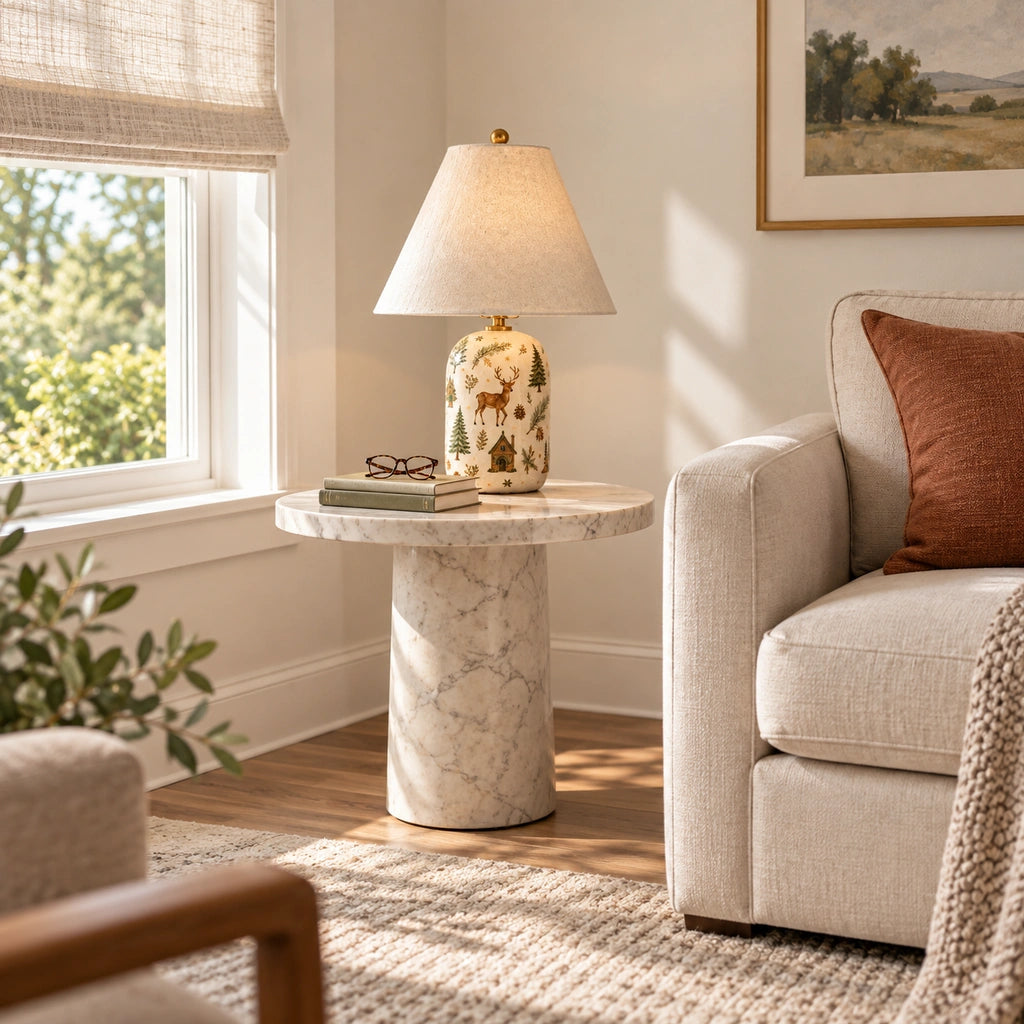 Retro Table Lamp with Patterned Ceramic Base and Linen Shade