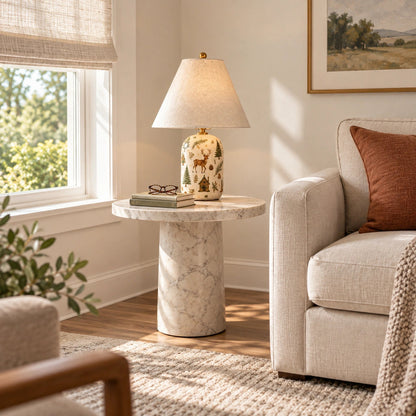 Retro Table Lamp with Patterned Ceramic Base and Linen Shade