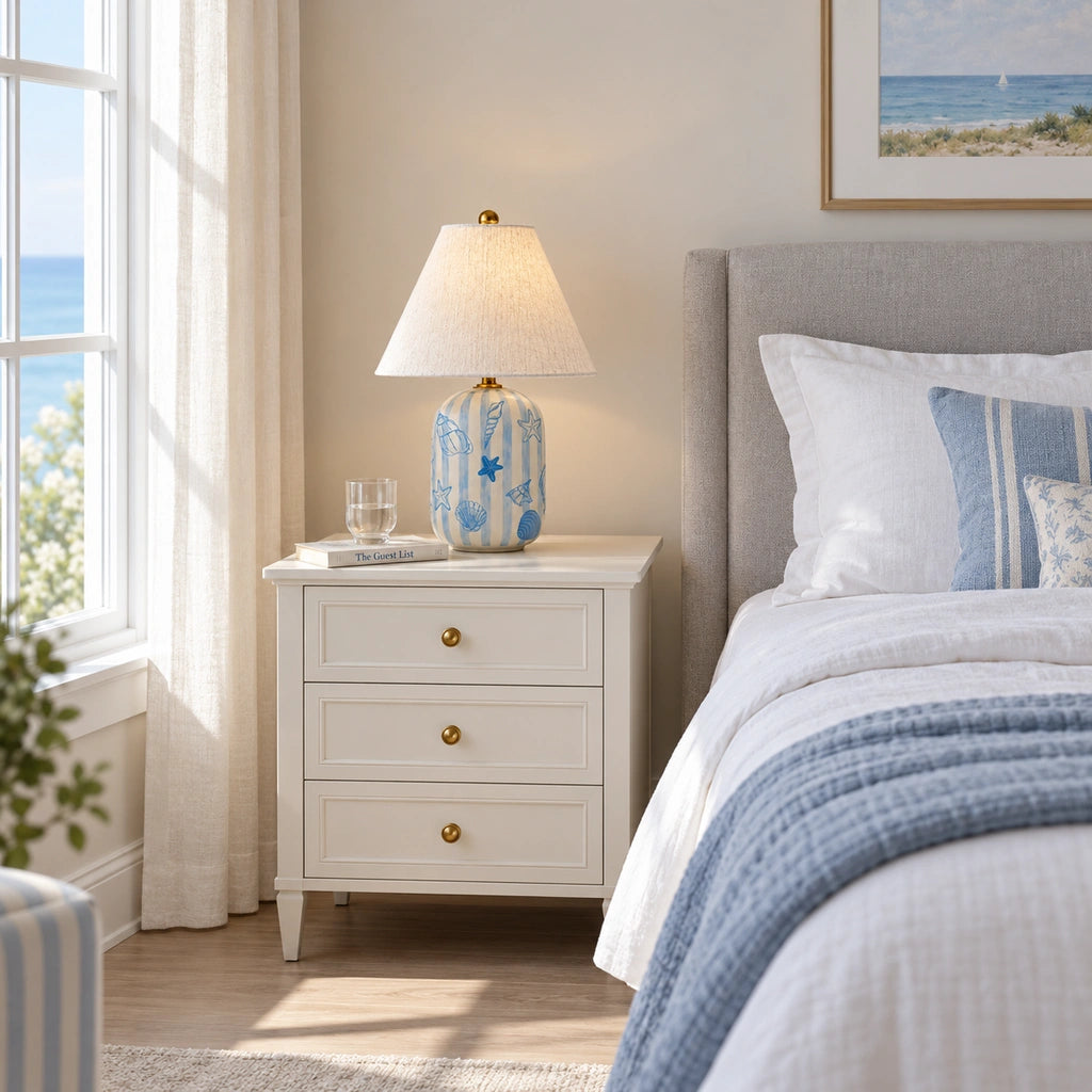 Retro Table Lamp with Patterned Ceramic Base and Linen Shade