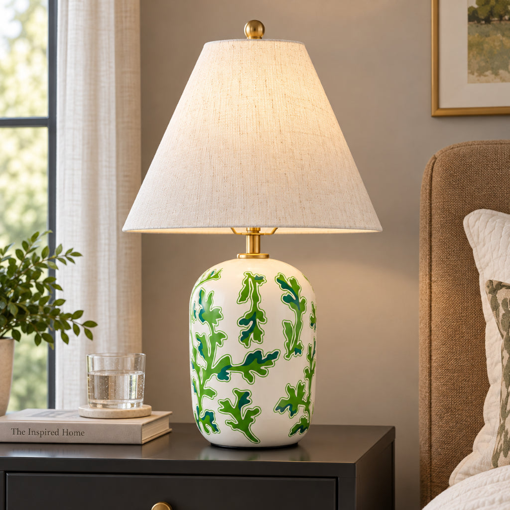 Retro Table Lamp with Patterned Ceramic Base and Linen Shade