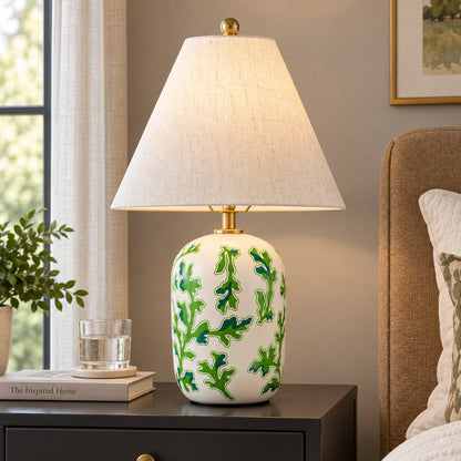 Retro Table Lamp with Patterned Ceramic Base and Linen Shade