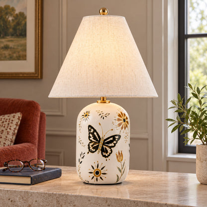 Retro Table Lamp with Patterned Ceramic Base and Linen Shade