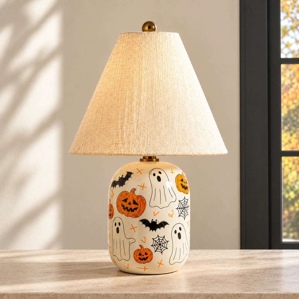 Retro Table Lamp with Patterned Ceramic Base and Linen Shade