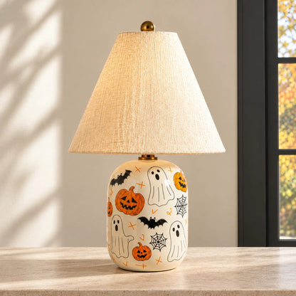 Retro Table Lamp with Patterned Ceramic Base and Linen Shade
