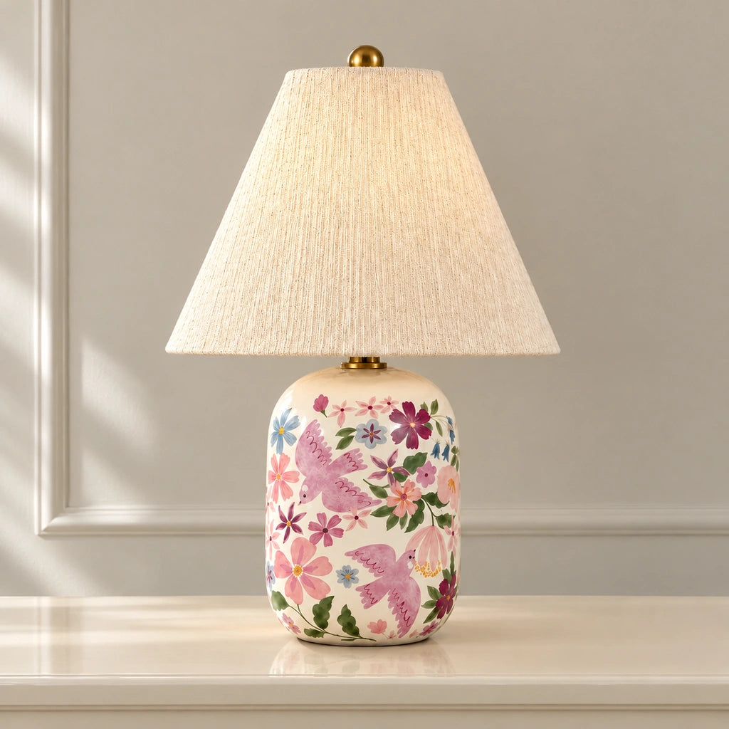 Retro Table Lamp with Patterned Ceramic Base and Linen Shade