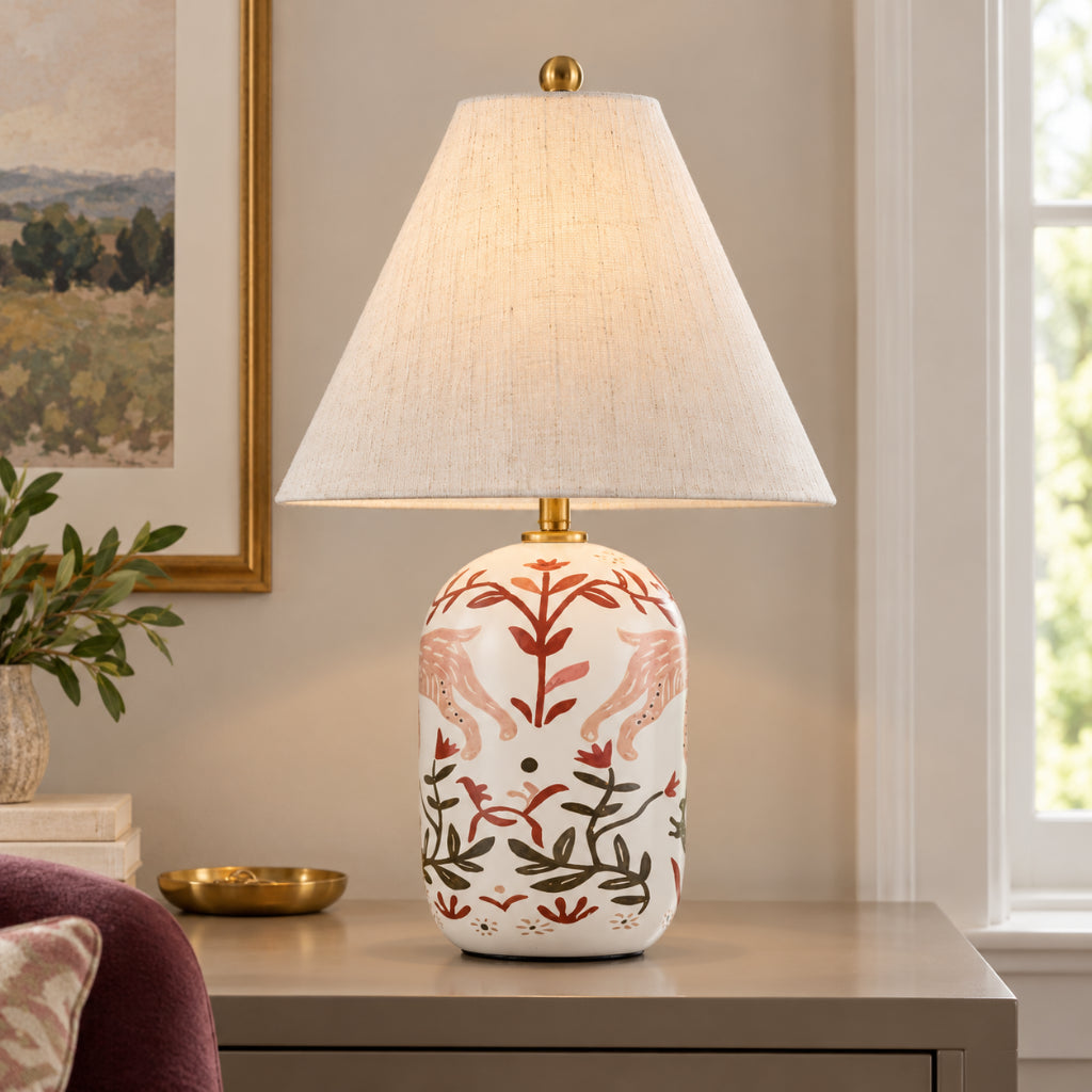 Retro Table Lamp with Patterned Ceramic Base and Linen Shade