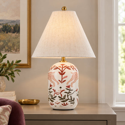 Retro Table Lamp with Patterned Ceramic Base and Linen Shade
