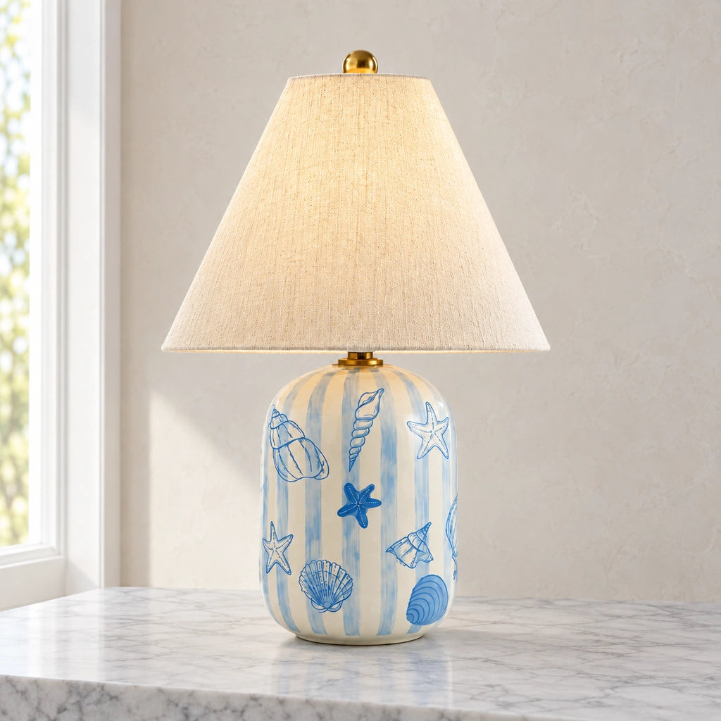 Retro Table Lamp with Patterned Ceramic Base and Linen Shade