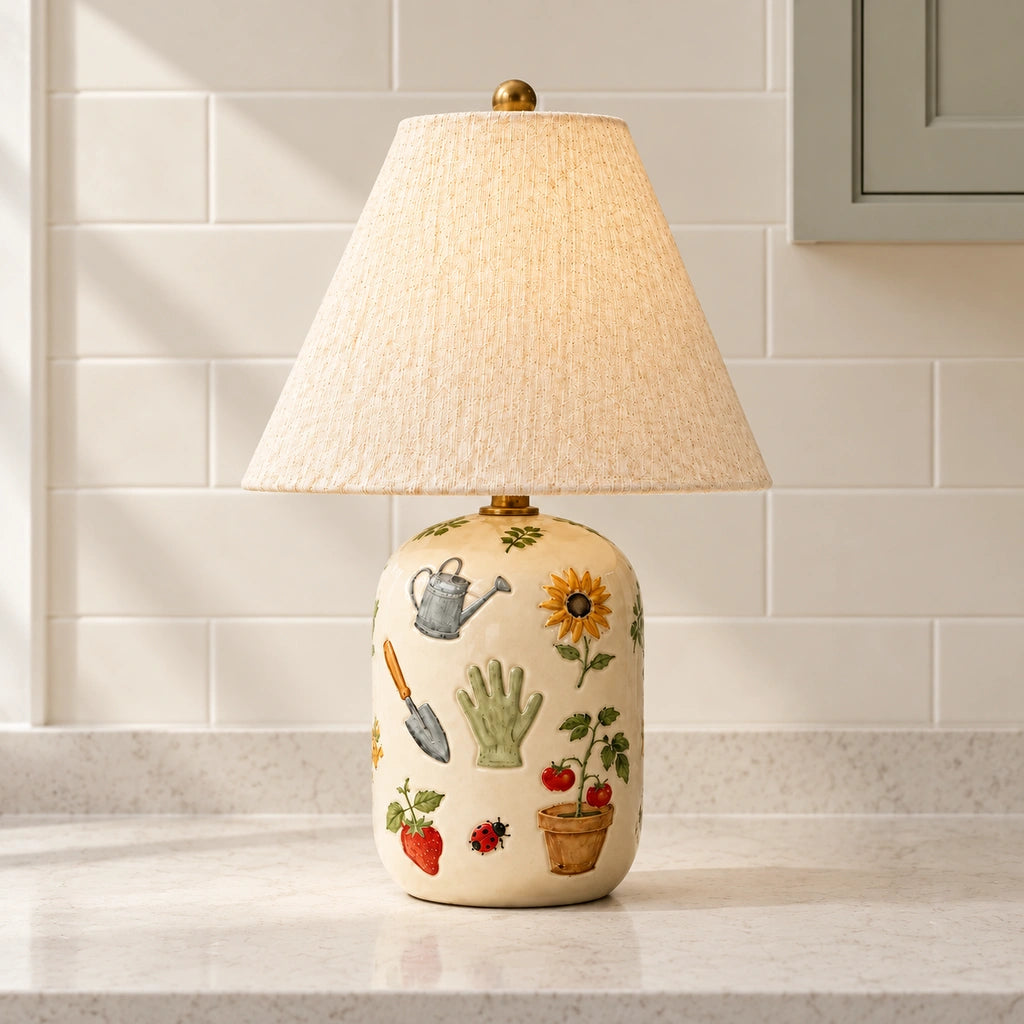 Retro Table Lamp with Patterned Ceramic Base and Linen Shade