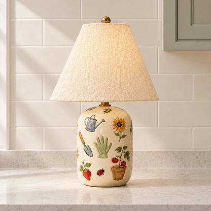 Retro Table Lamp with Patterned Ceramic Base and Linen Shade